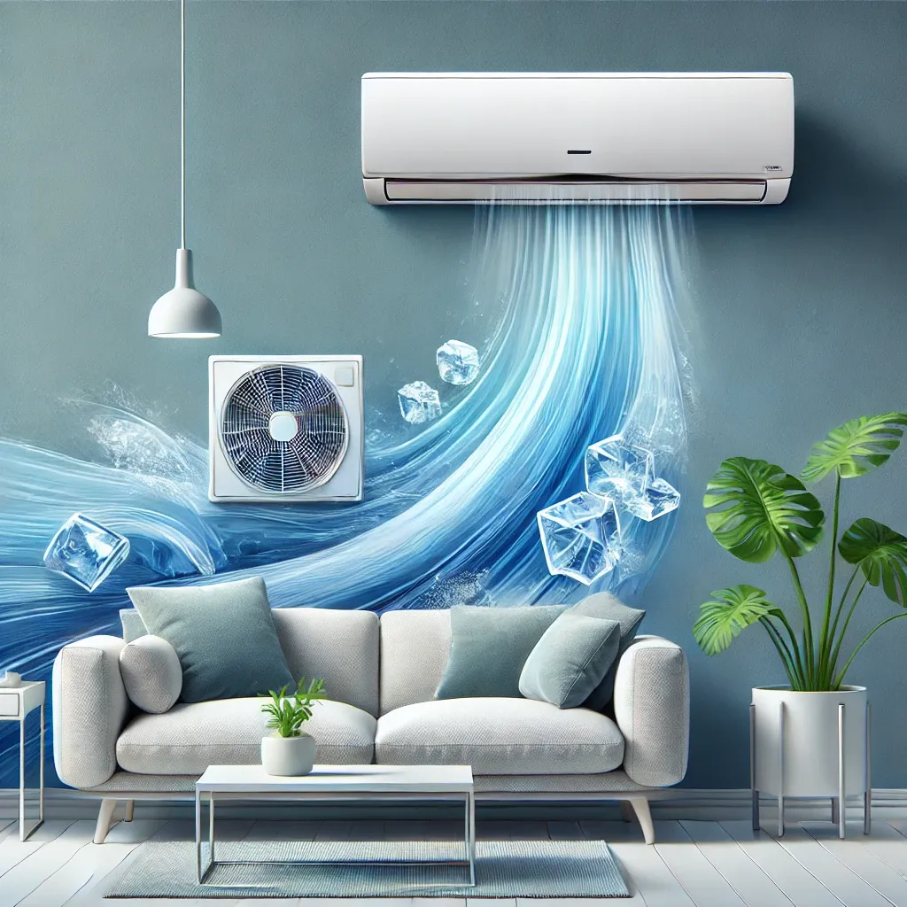Raffrescamento domestico con climatizzatore moderno in un ambiente elegante Soggiorno moderno con divano chiaro, climatizzatore a parete che emette flussi d’aria fredda con cubetti di ghiaccio illustrati, e piante decorative.