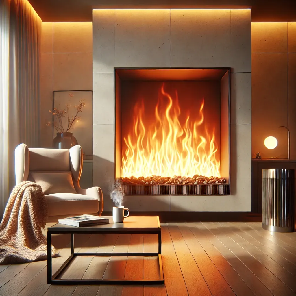 Soggiorno moderno con camino acceso e atmosfera accogliente Elegante soggiorno moderno con un grande camino acceso, una poltrona imbottita con coperta, tavolino con tazza fumante e illuminazione calda e soffusa.