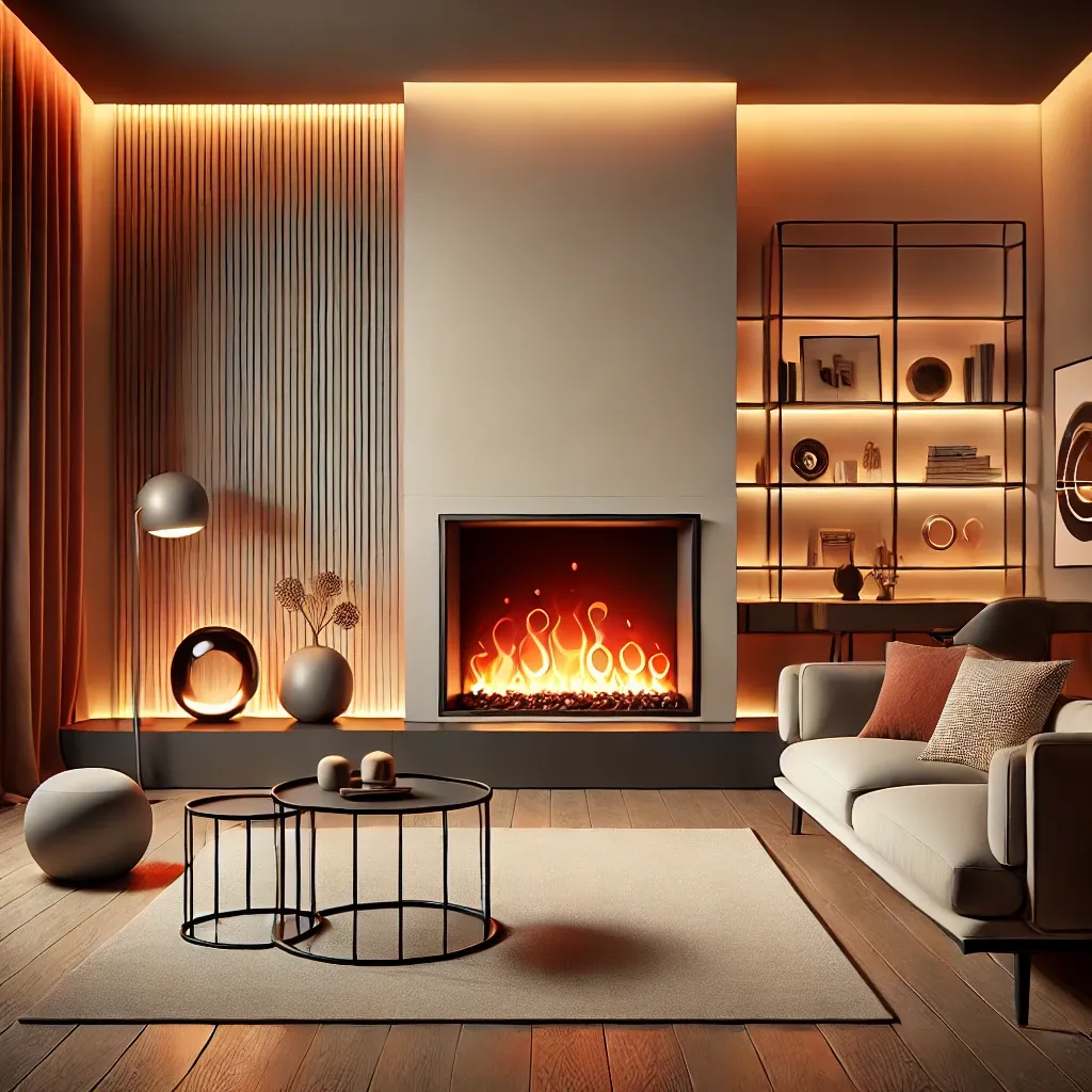 Design contemporaneo con camino e luce soffusa per un ambiente accogliente Soggiorno elegante con camino moderno acceso, illuminazione d’atmosfera calda, divano beige con cuscini, tavolini rotondi e decorazioni minimaliste.
