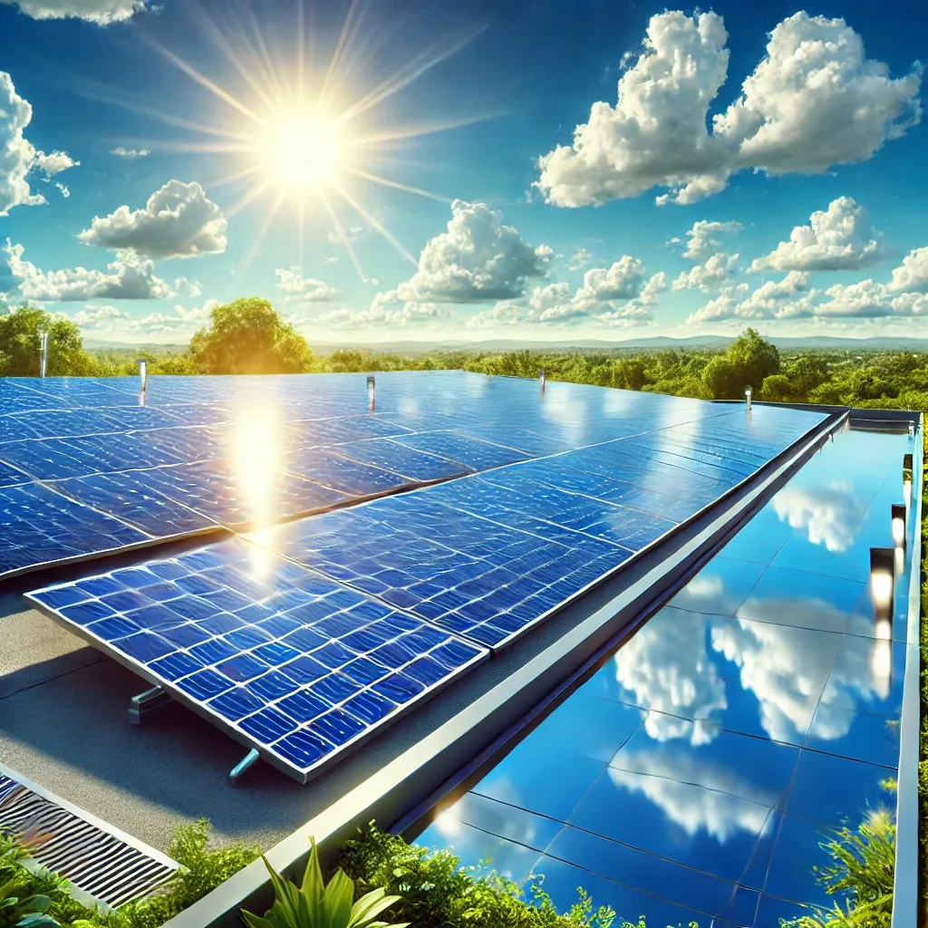 Energia solare pulita con pannelli fotovoltaici in una giornata soleggiata Pannelli solari su un tetto moderno, illuminati dal sole sotto un cielo azzurro con nuvole bianche, circondati dal verde della natura.